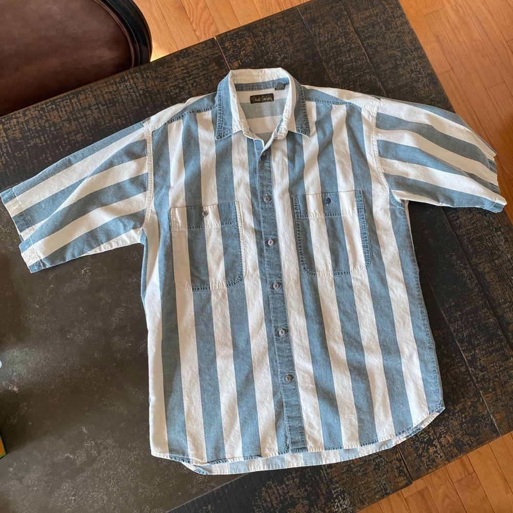 Vintage 80s Shah Safari Button Down Casual Shirt Size Large White & Blue Striped